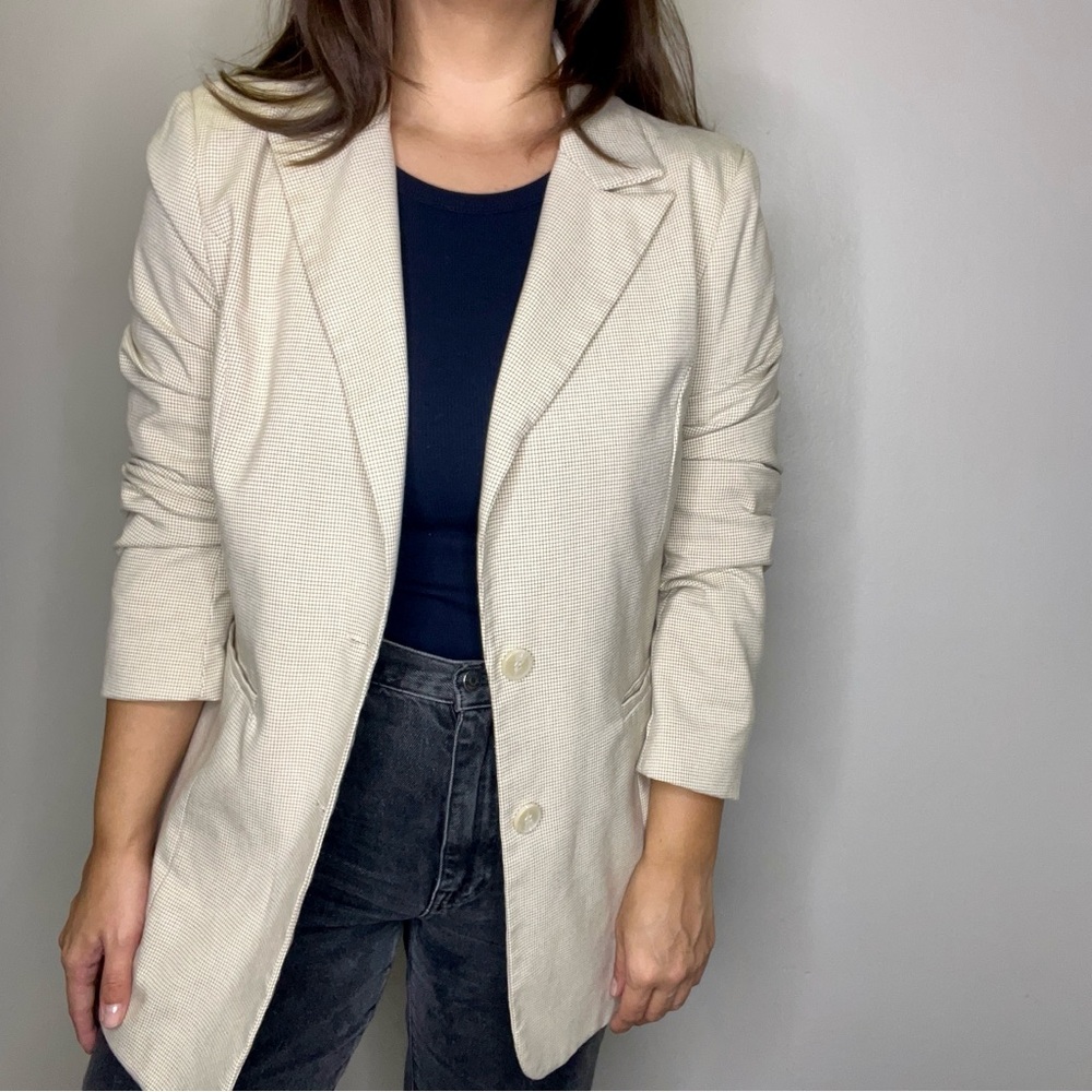 Cream Single-Breasted Long Blazer Jacket
